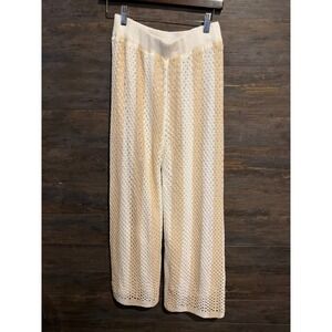 By Frankie Crochet Knit Wide Leg Pants Cream Tan Striped Boho Beach Size M/L